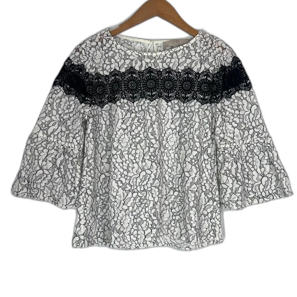 LOFT‎ White Black Lace 3/4 Bell Sleeve Semi Sheer Boho Gypsy Blouse Size XS